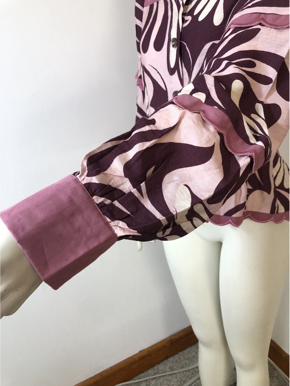 TCEC Womens Large Blouse Pink Burgundy Print Scalloped Trim Peplum New - Picture 6 of 9